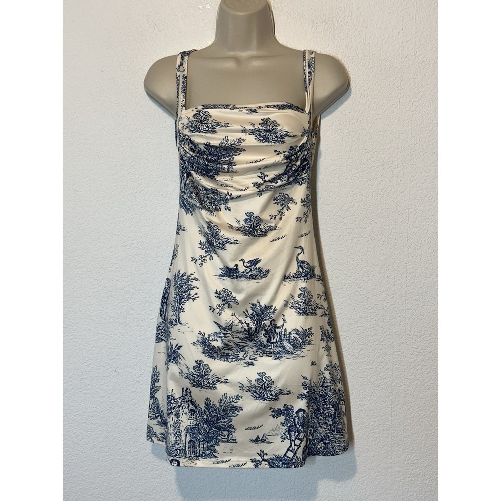 New Cider XS Blue White Toile Mini Dress Draped Neck Ruched Side Regency Coquett